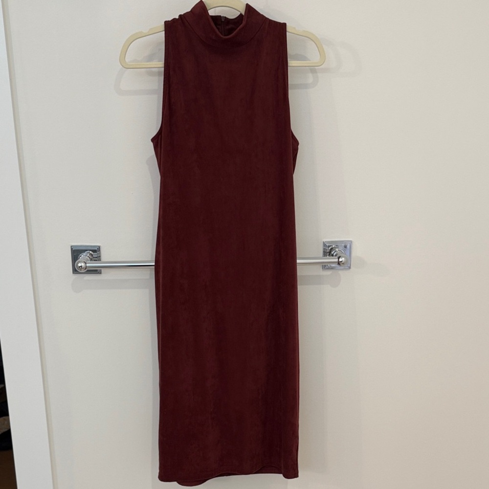 Suede Midi Sleeveless Burgundy Dress Mock Neck